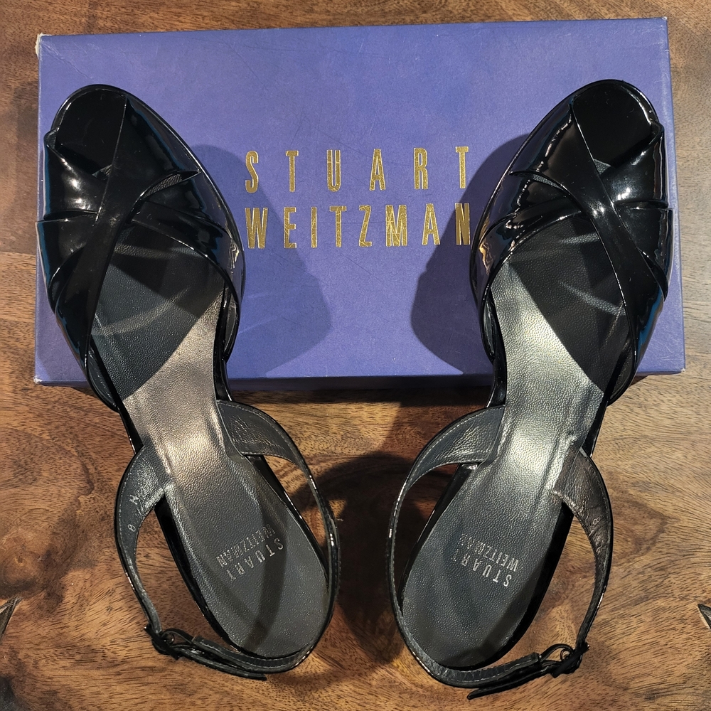 Stuart Weitzman Black Patent Leather Women's Kitten Heels 8 N Sling Back